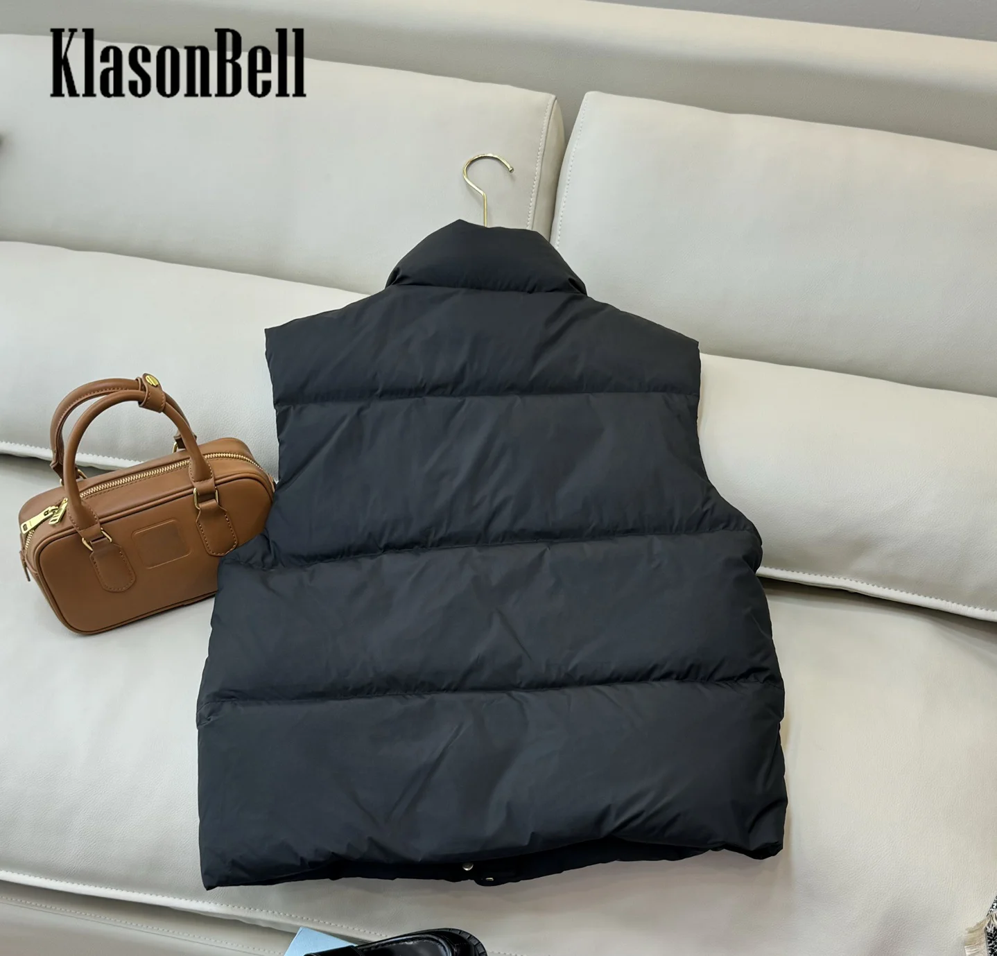 8.28 KlasonBell-Women Letter Embroidery Stand Collar White Duck Down Vest Zipper Sleeveless Versatile Casual Vest Outerwear