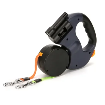 Durable Double Dog Leashes Automatic Retractable Nylon Lead Extension Puppy Walk Roulette with Light Fidget Toy Poop Bag Case 6