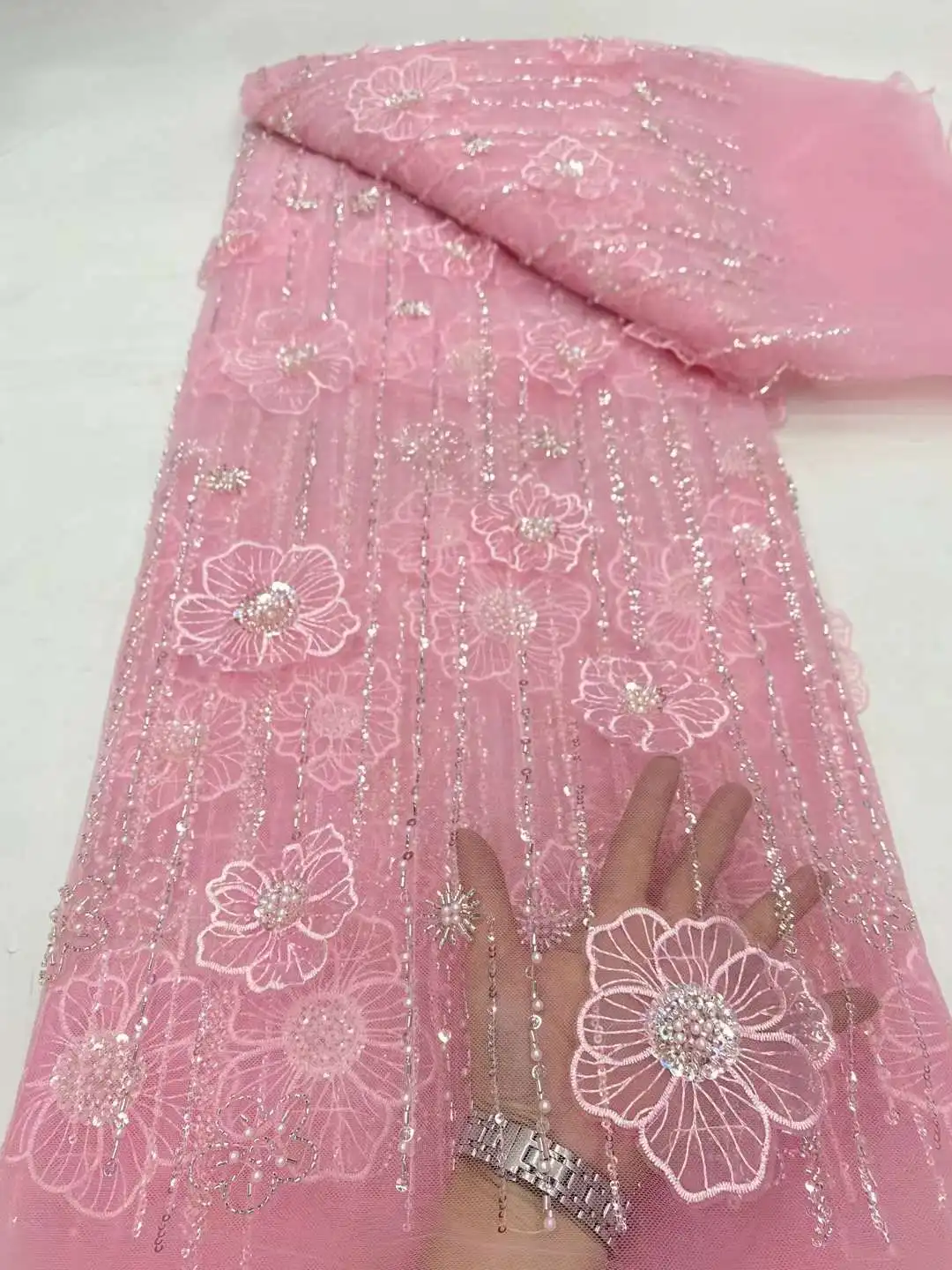 

African 3D Flower Lace Fabric, Embroidery French Mesh, Sequins Groom, Nigerian Tulle, Party Dress, Latest,Pink