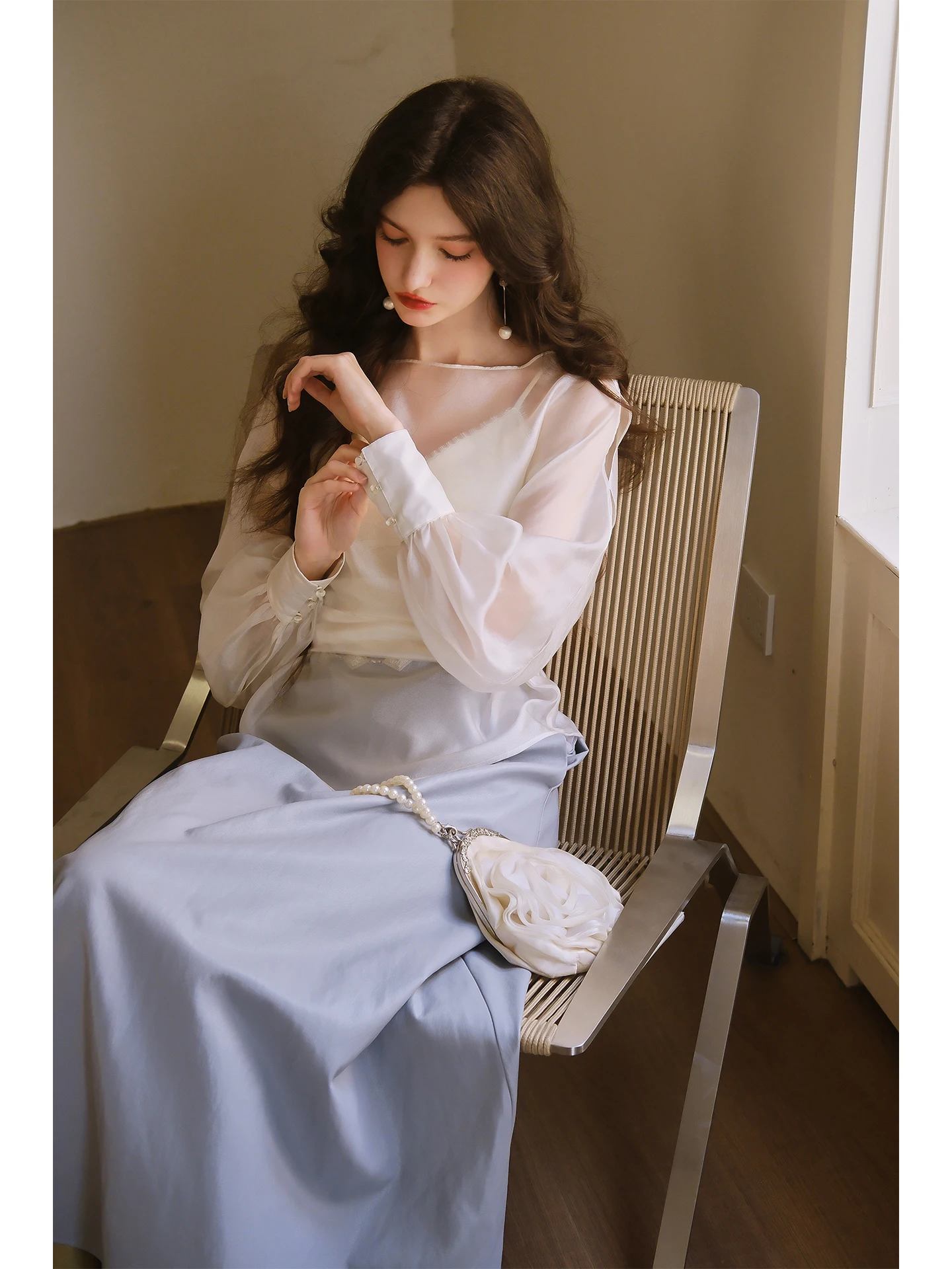 

Ele Two-Piece Set Top with Side Zipper Dra Skirt by Uncle Peter Pan Spring Faion Collection Long Sve Pure Color