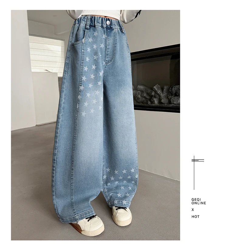 Neue Designer-Kinderjeans im Street-Style mit Sternen für Teenager-Mädchen, elegante blaue Denim-Hosen, Größe 5-14 – Detail 8