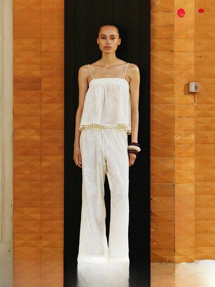 

H&M Winter Women's Casual Embroidered Dstring Pants Straight Leg Long Trousers Comfortable l Waist Cotton 00%