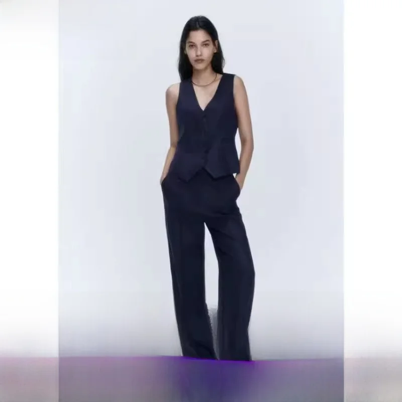 

Slim Fit Linen Vest 847732 Neutral High Waist Straight Leg Pants 847632 Women's Faion Summer Commute V-ne ket Detail