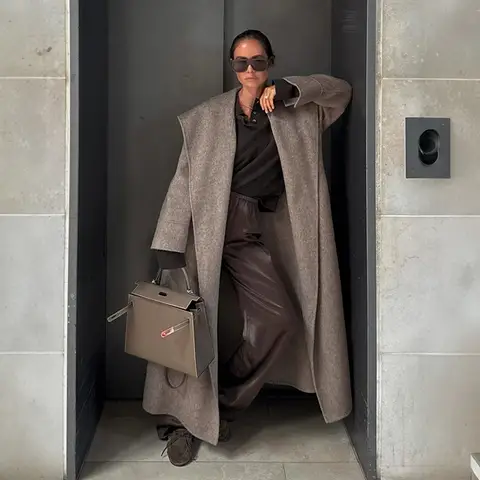 Shoulder-Shaped Wrap Large Collar Belted Waist Coat Women's Style Polyester Fiber Medium Thickness Long Sleeve Commute Fashion