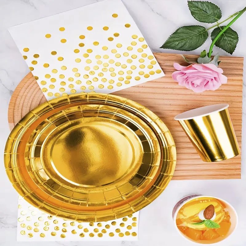60-teiliges goldenes Einweg-Geschirrset, elegante Pappteller, Becher, Folien-Servietten für Hochzeiten, Geburtstagsfeiern, Dekorationen und Zubehör. – Detail 6