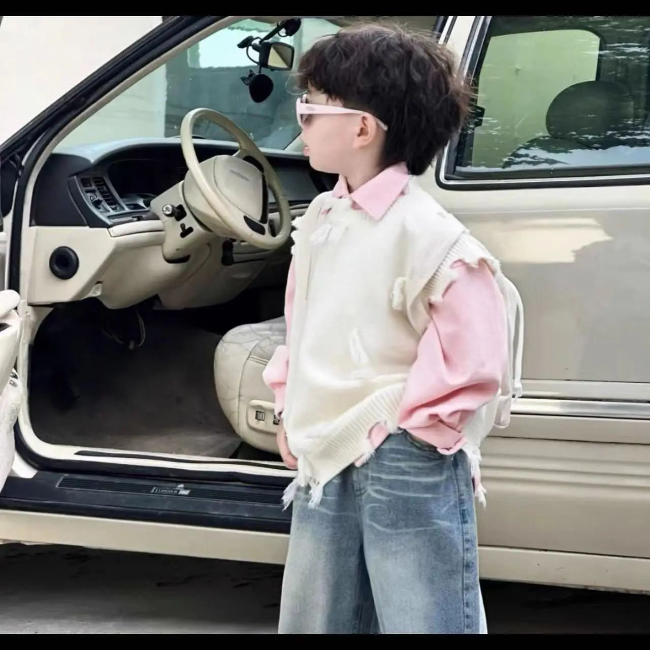 Fashion Toddle Boys Clothes Autumn Spring Knit Vest+Pink Shirt+Jean Pants 3Pcs Korean Version Kids Casual Handsome Clothes Suits