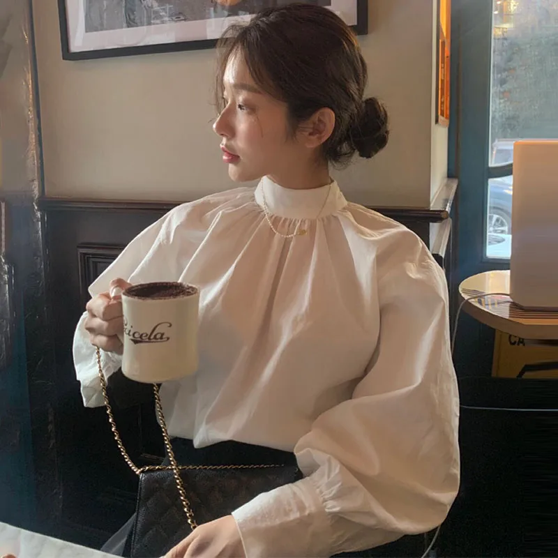 

Chic mat Women's irt Loose Lantern Sve Stand Collar Ba Single Button Design Korean Sle Long Sve Pure Color