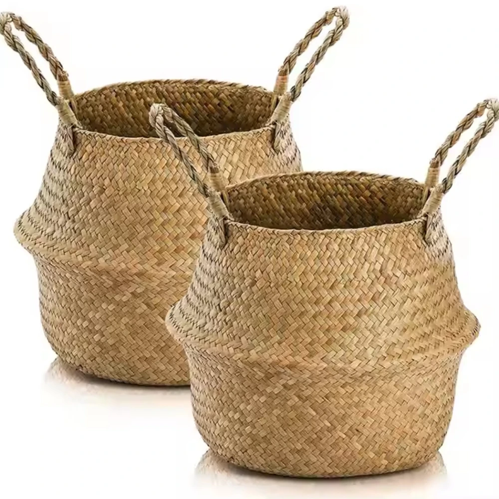 

Handwoven Seagrass Basket Storage Basket Organizer Rattan Flower Pot Planter with Handle for Laundry Home Decor and Garden Use