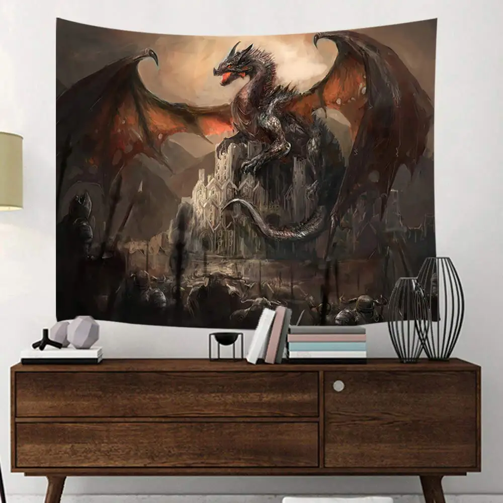 Fantasy World Tapestry Wall Hanging Medieval Red Dragon and Human War Mythology Themed Art Tapestry Home Decorations Wall Decor