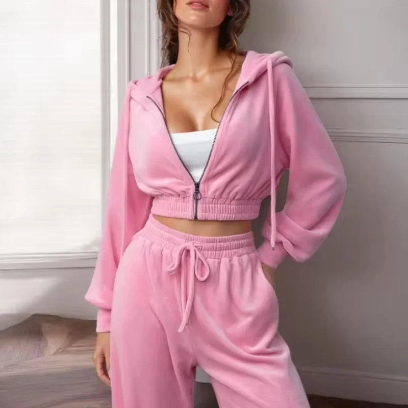 Women's Pink Velvet Two-Piece  Set Zip Cropped Hoodie + Wide Leg Pants Fashion Casual Waist Slimming Versatile Sports Track Suit