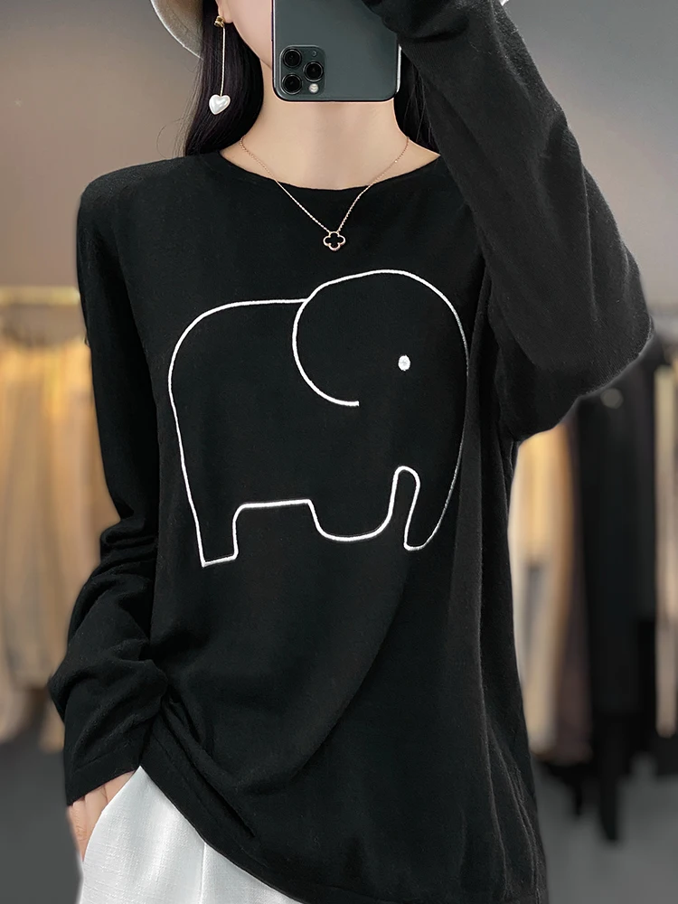 100% Merino Wool Women's Pullover Sweater Cartoon Autumn Winter O Neck Multi Color Long Sleeve Loose Outerwear Fashion Soft Tops