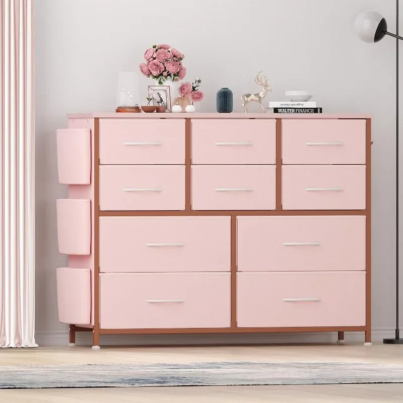 Commode pour chambre à coucher avec 10 égouts de proximité, rangement en tissu long MELwith Wood brittop (rose)