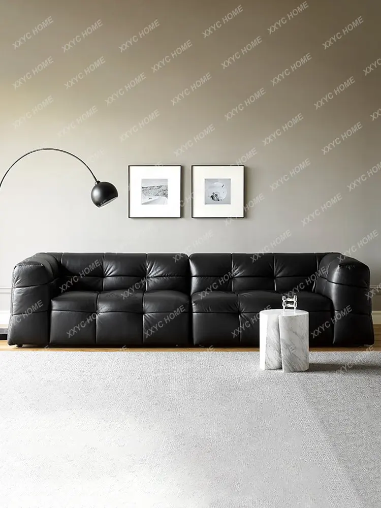 Italian Minimalist Straight Row Living Room Genuine Leather Cotton Candy Sofa Small Apartment Light Luxury Nordic Simple Black