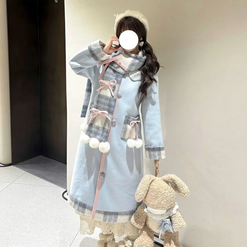 

Japanese Style Kawaii Cute Woolen Coat Woman Autumn Winter Lolita Fashion Loose Jacket with Scarf Harajuku Y2k Elegant Ovetcoats