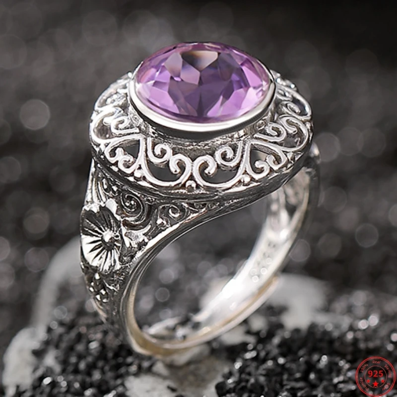 Genuine S925 Sterling Silver Rings for Women Men New Fashion Round Amethyst Auspicious Cloud Hollow Plum Blossom Rings Jewelry