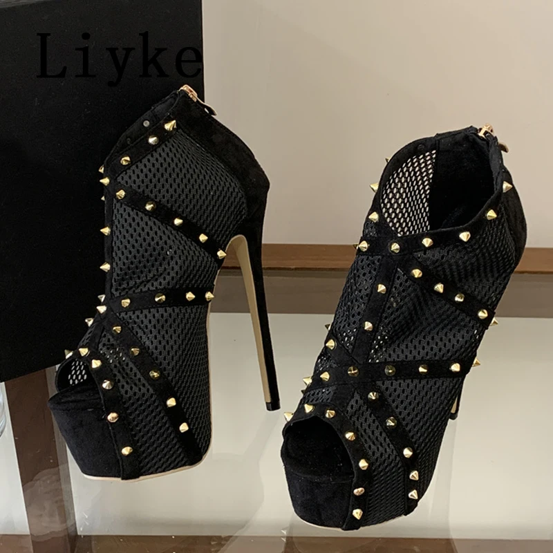 Liyke New Sexy Peep Toe Extreme High Heels Party Stripper Shoes Fashion Metal Rivet Mesh Platform Pumps Women Stilettos Mujer