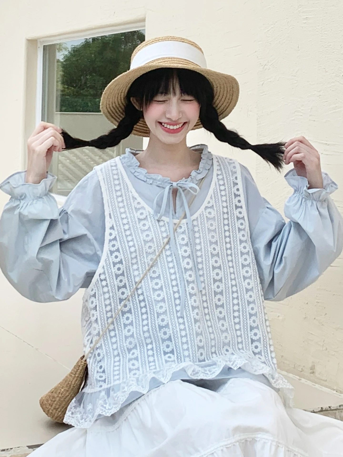 

Blue Lace irt And Vest Set Women's Spring New Sle Small Size Top Cotton Polyester Bubble Sve Floral Embroidery Sweet S...