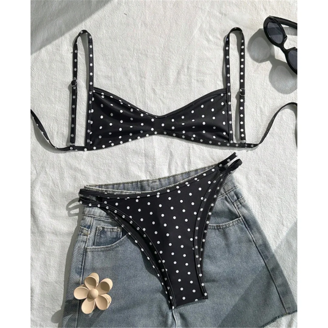 S - XL Polka Dot V-Ausschnitt Bikini Damen Bademode Zweiteiliger Bikini-Set mit hohem Beinausschnitt Badeanzug V8147 – Detail 3