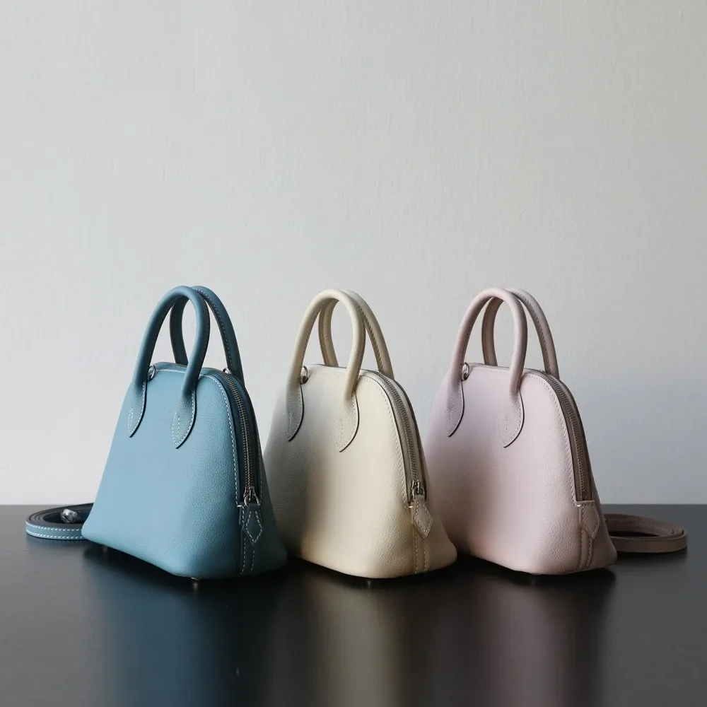 2025 New High-end Light Luxury First-layer Cowhide Mini Bowling Shell Bag Semi-handmade Messenger Leather Women's Bag