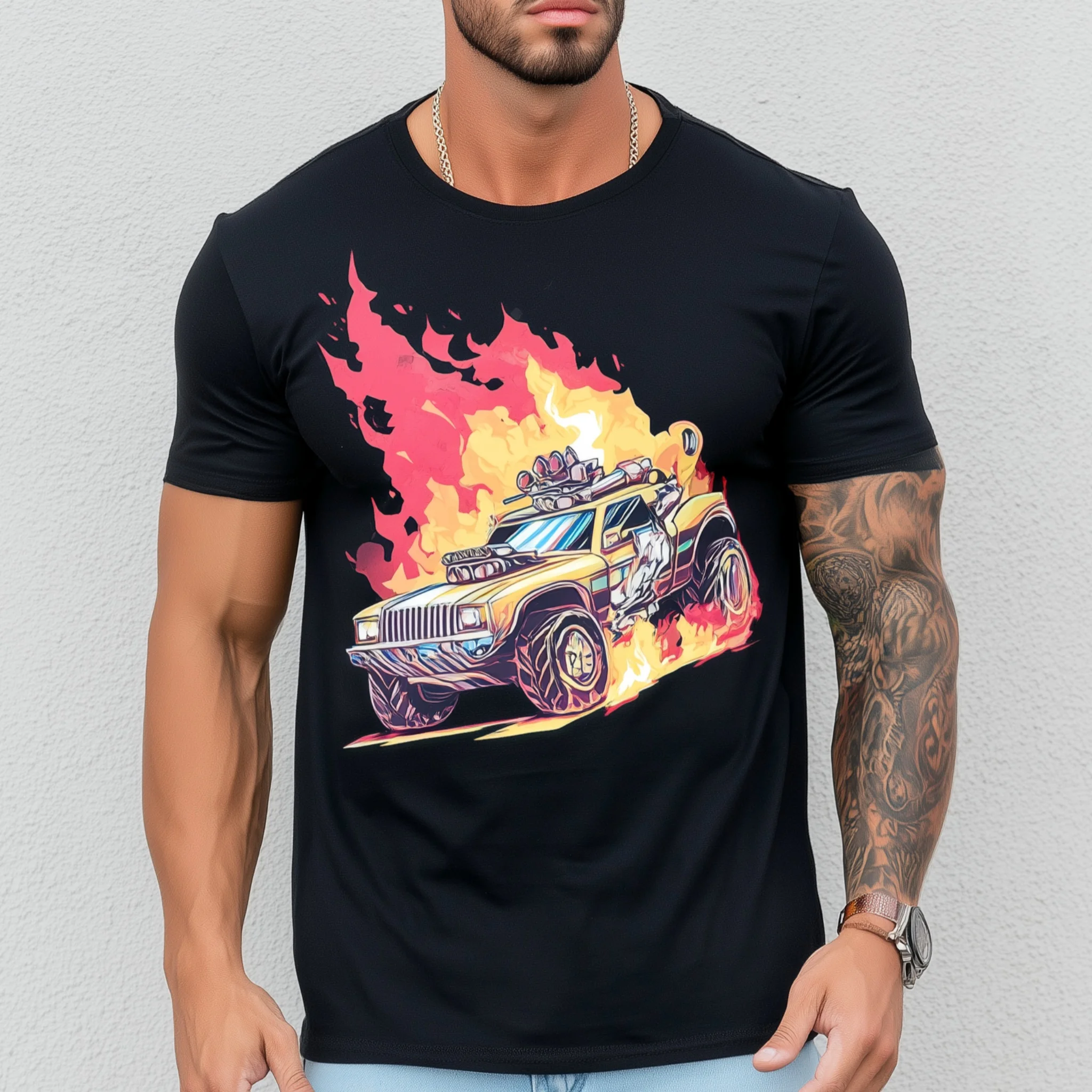 

Teevo Men's Casual T-Shirt with Cool Car and Flame Design for Daily Wear