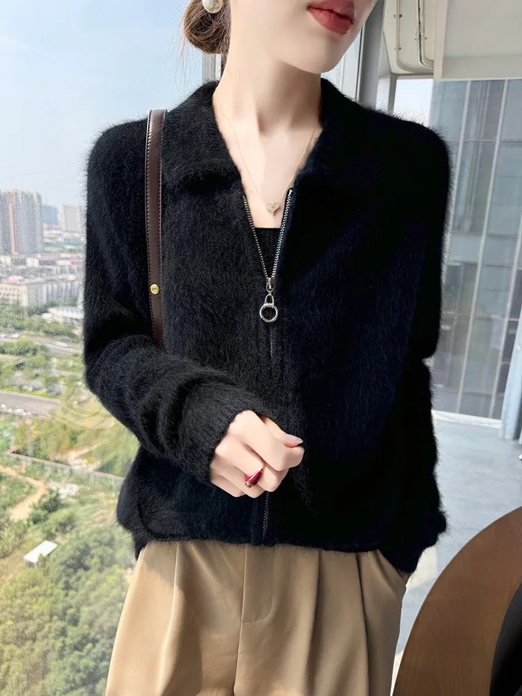 

TLOML Women's 100% Mink Cashmere Sweater Polo Collar Zipper Pocket Cardigan Autumn Winter Soft Warm Comfy Clothing Loose Tops