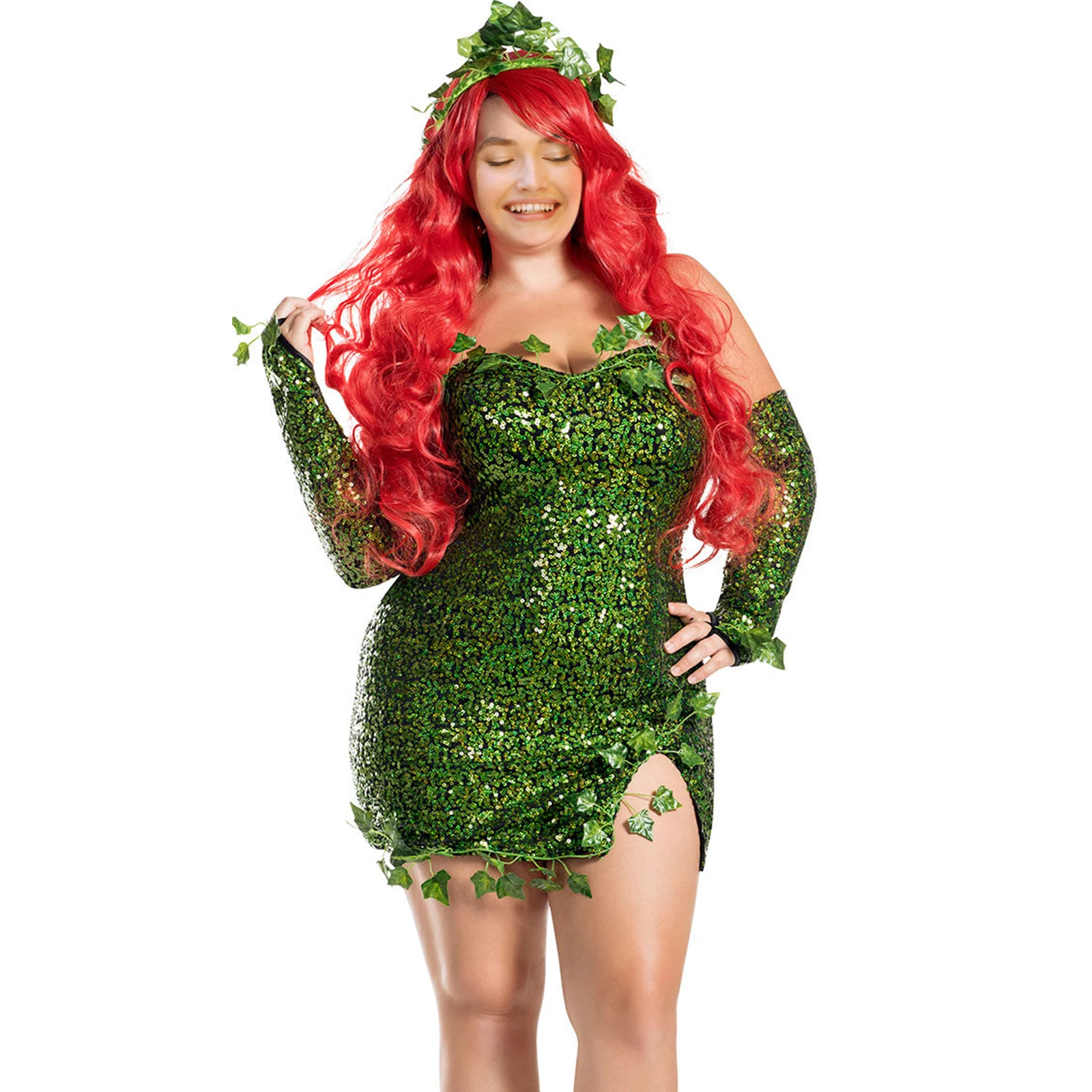 Women Halloween Green Ivy Costume for Women Sleeveless Fake Leaves Sparkl Sequin Green Mini Dress with Gloves Set
