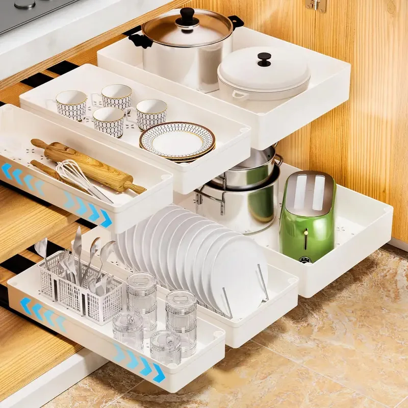 Punch-Free Pull-Out Under-Sink Rack Cabinet Slide Drawer Storage Basket for Kitchen Spices Cleaning Bottles Organizer