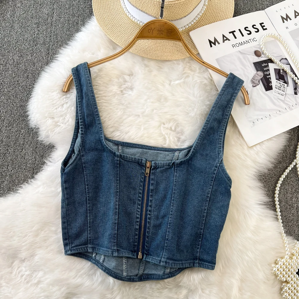 Women Denim Tank Tops Retro Sexy Square Collar Sleeveless Solid Crop Vest Summer Female Zipper Streetwear Short Top