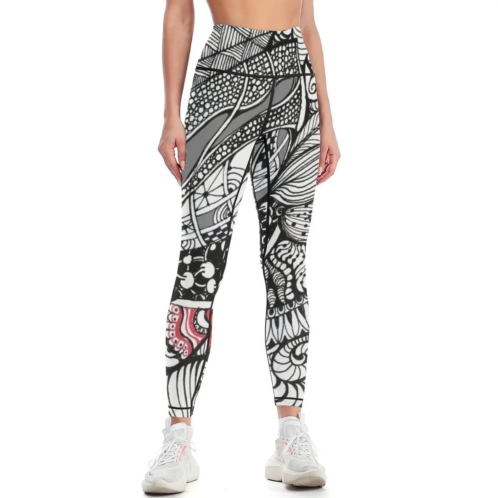 

hand drawn fine line black and red fantasy Leggings Women sports gym womans Fitness woman Womens Leggings