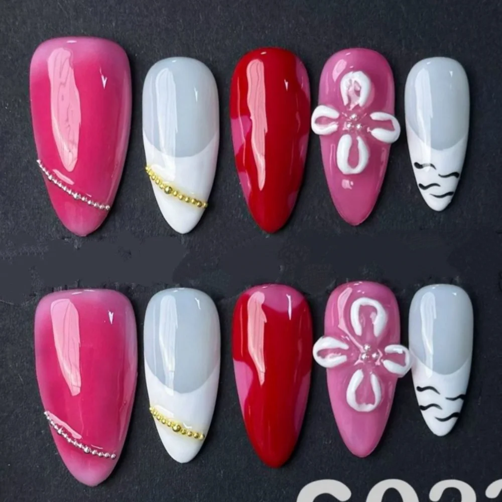 10 pièces fini à la main faux ongles Art portable rouge mi-long amande presse sur ongles conseils avec fleur conception faux ongles manucure