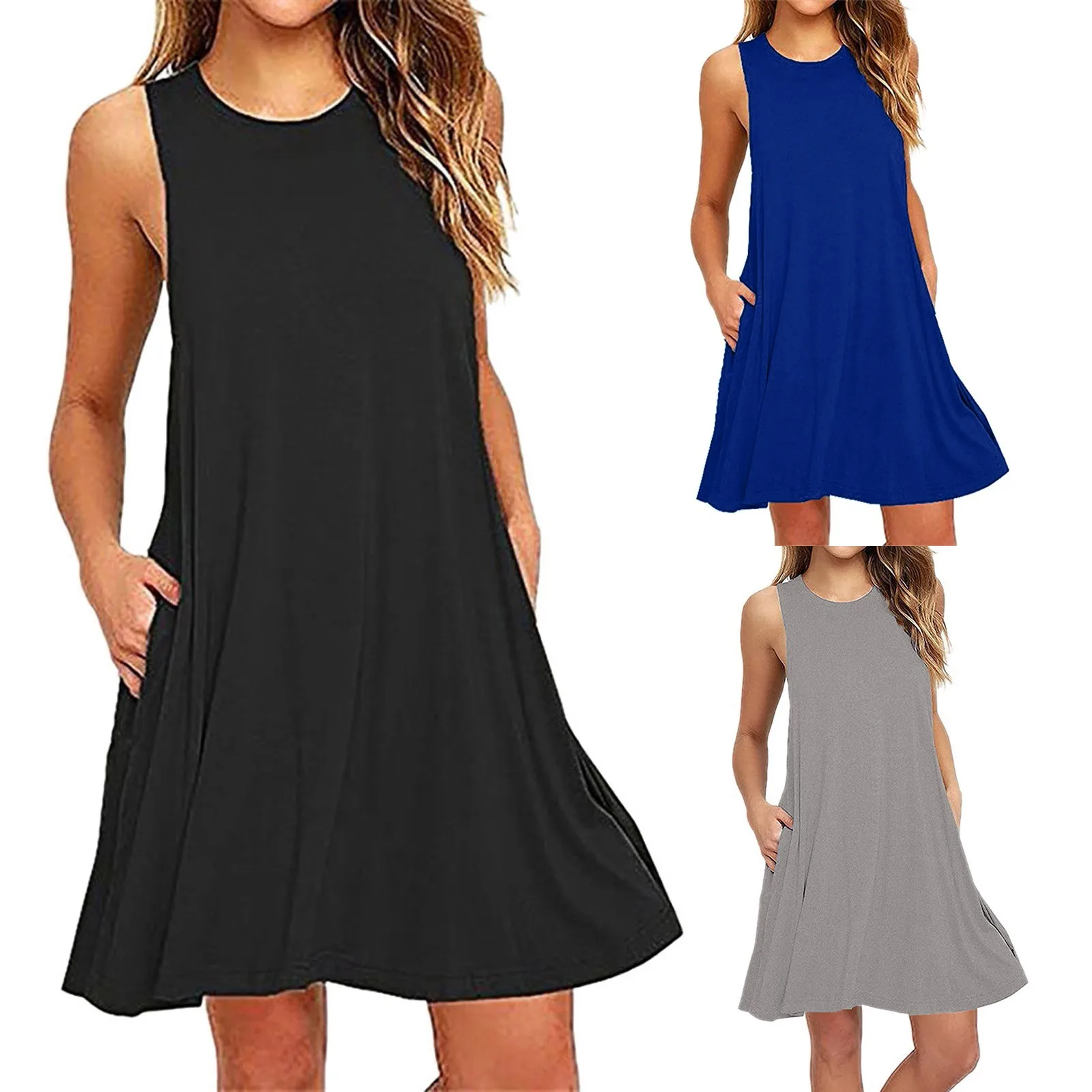 Women's Summer Casual Swing Solid T-Shirt Dresses Beach Cover Up With Pockets Plus Size Loose T-shirt Dress Vestidos En Oferta