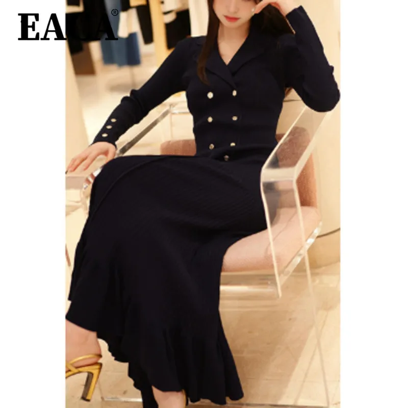 

EACA Double Breasted Design Sense Of Temperament V-neck 2025 Spring Summer New Women Waist Slimming 100 Long Long-sleeved Dress