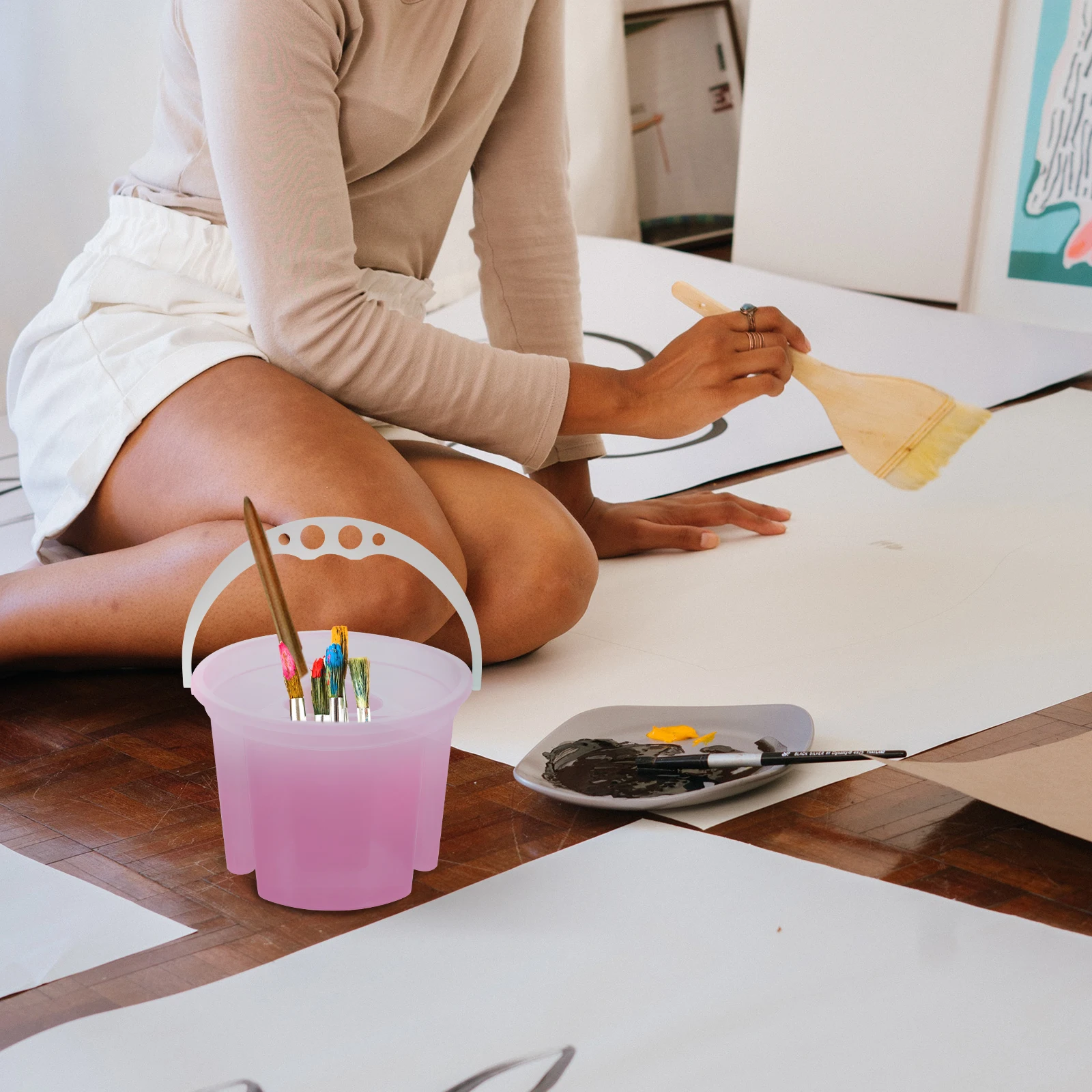 

Brush Washer Holder Pencil Bucket Paint Water Dispenser for Painting Detergent Cleaner Pink