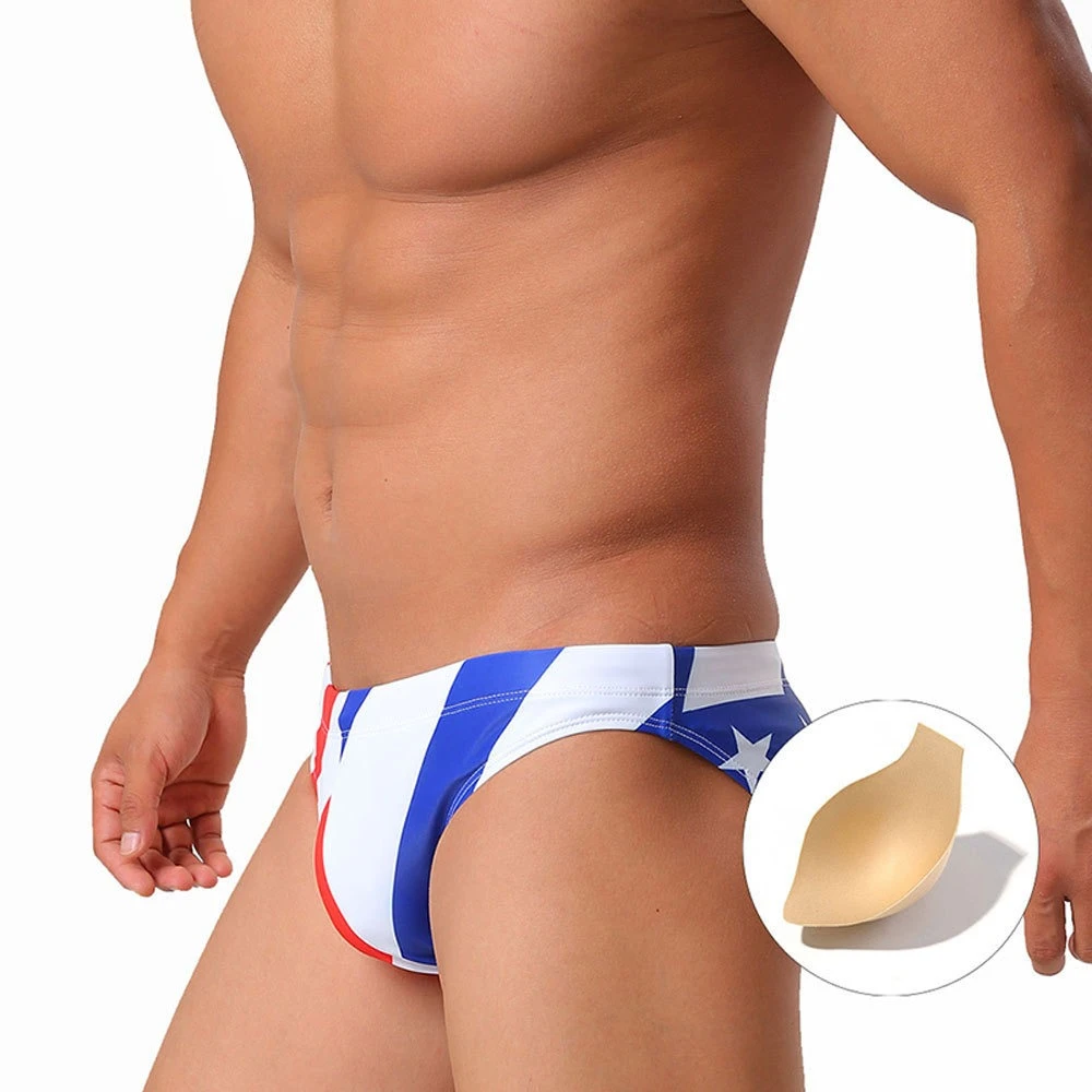 2026Cross-border foreign trade men's red and blue star print with cup size stretch close-fitting beach briefs for men UXH003