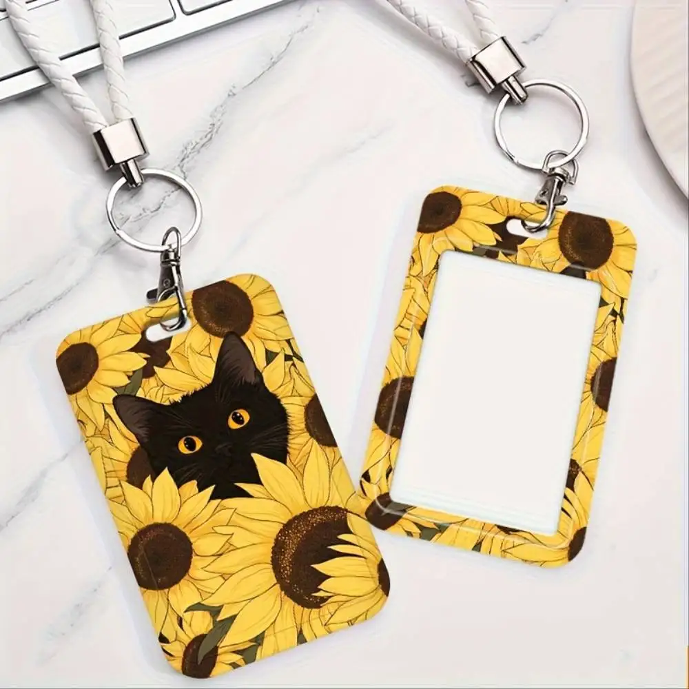 Black Cat Sunflowers ID Card Holder Plastic Badge Case For Doctor Nurse Student Employee ID Bank Access Card Christmas Gift