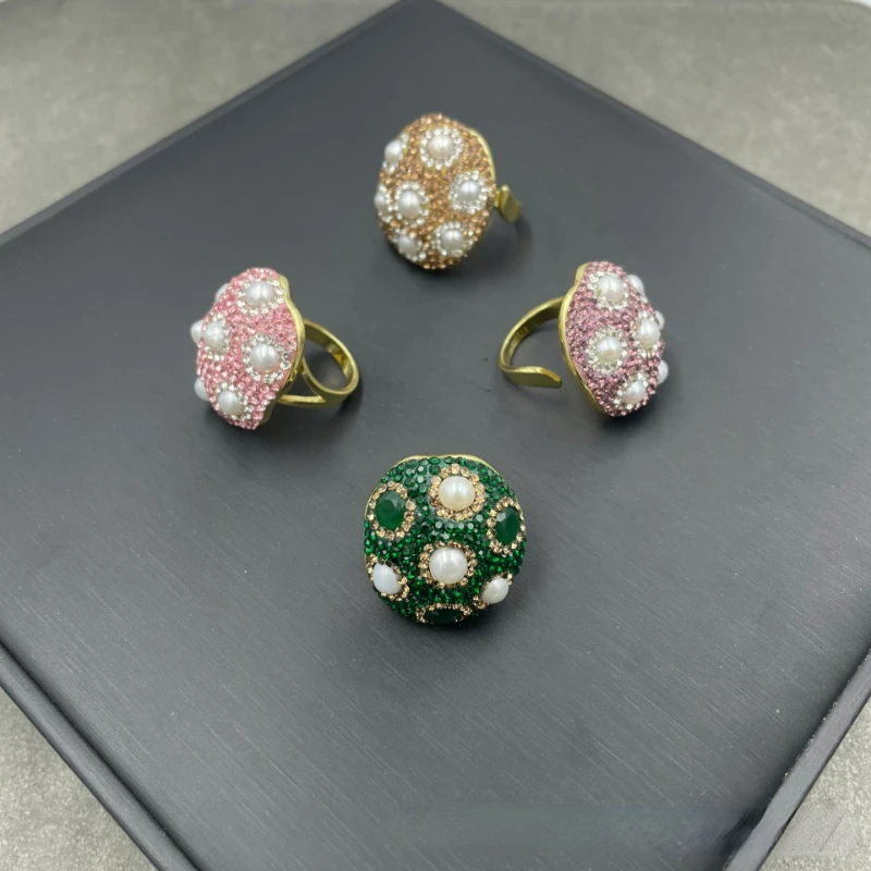 Natural freshwater pearl green rhinestone ring Exquisite fashion women\'s wedding party jewelry