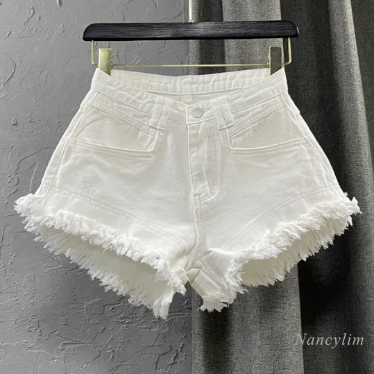 White Denim Shorts Women New High-Waist Ripped Fringed Burr Hot Pants 2023 Summer Loose Wide-Leg Korean Style Short Femme