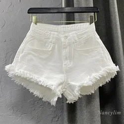 White Denim Shorts Women New High-Waist Ripped Fringed Burr Hot Pants 2026 Summer Loose Wide-Leg Korean Style Short Femme