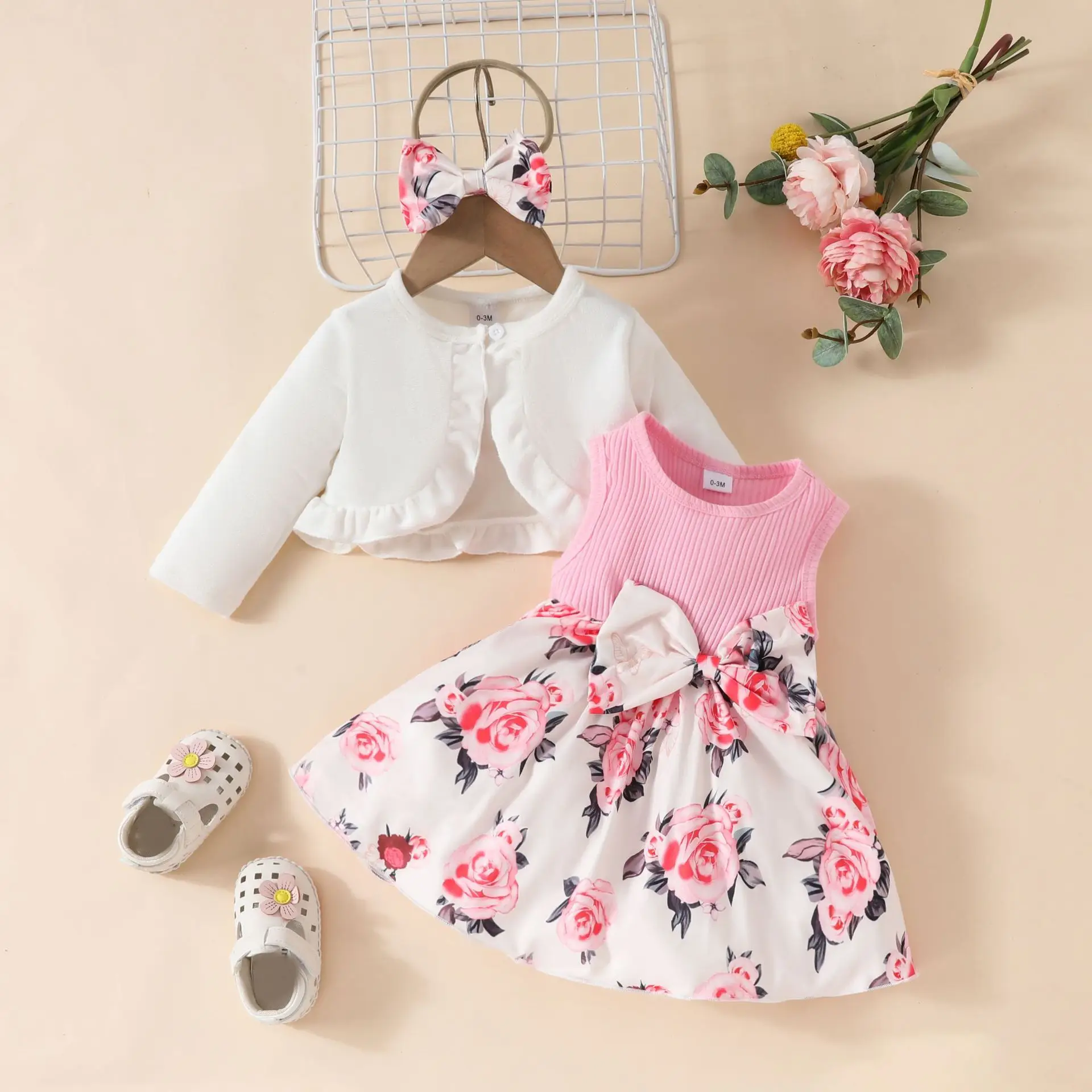 0-3 Years Toddler Baby Girl Dress Set Plain Color Ribbed Overcoat+Floral Sleeveless Dress Headband 3PCS Fashion Style Party