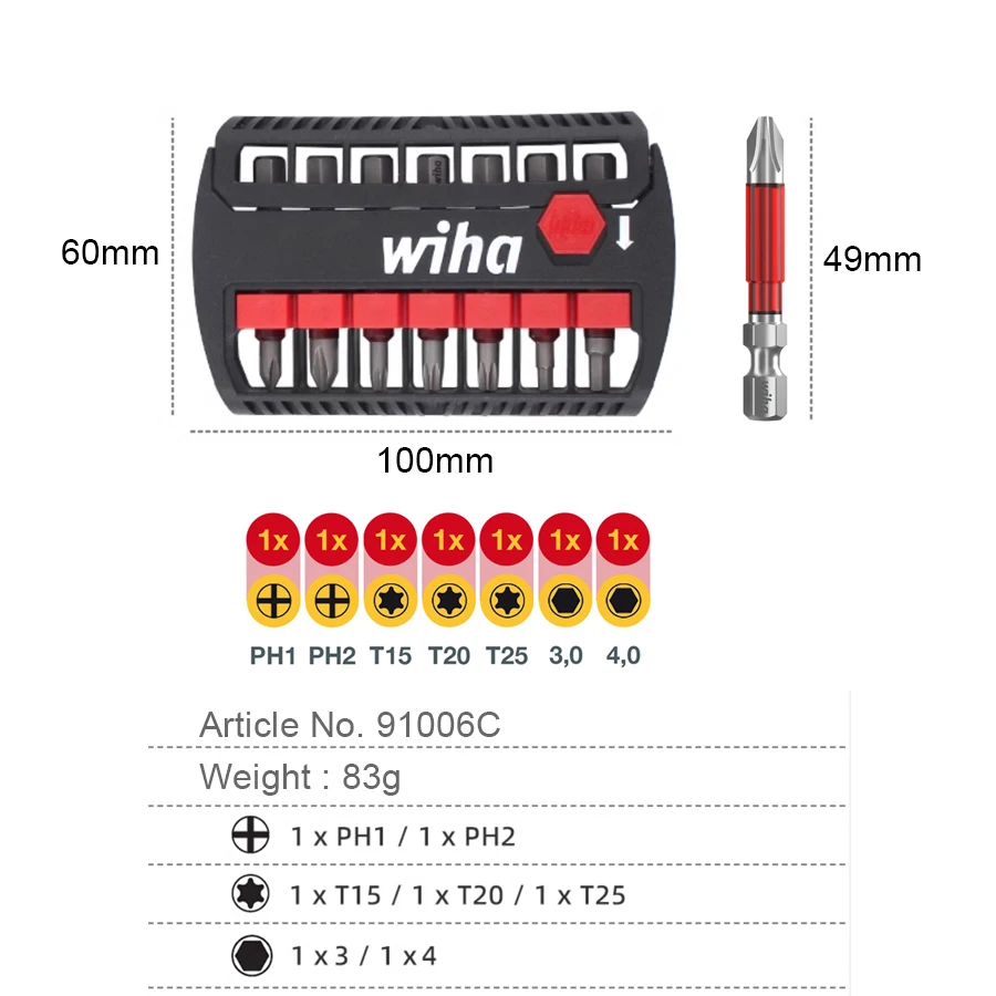 Wiha 91006C 7-Piece High-Torsion Impact Bit Box Set 49mm Screwdrivers Bits Set with Tool Case for Philllips, Torx and Hex Screws