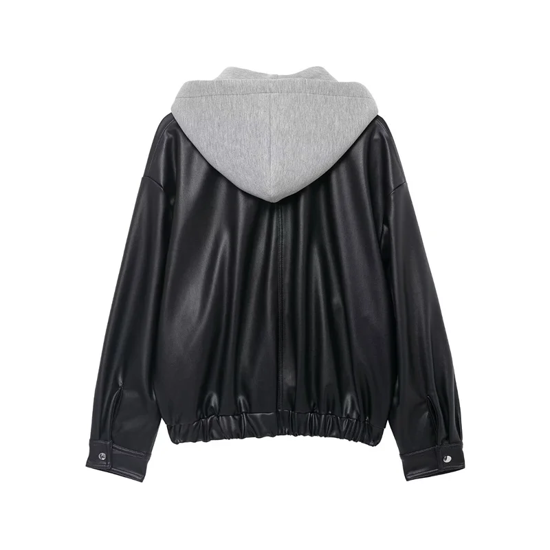 เสื้อแจ็คเก็ตผู้หญิง 2025 รุ่นใหม่ ฤดูใบไม้ร่วง สีดำ แขนยาว หนังเทียม แต่งผ้าแบบแพทช์เวิร์ค สไตล์ไบค์เกอร์ ทันสมัยและแฟชั่น