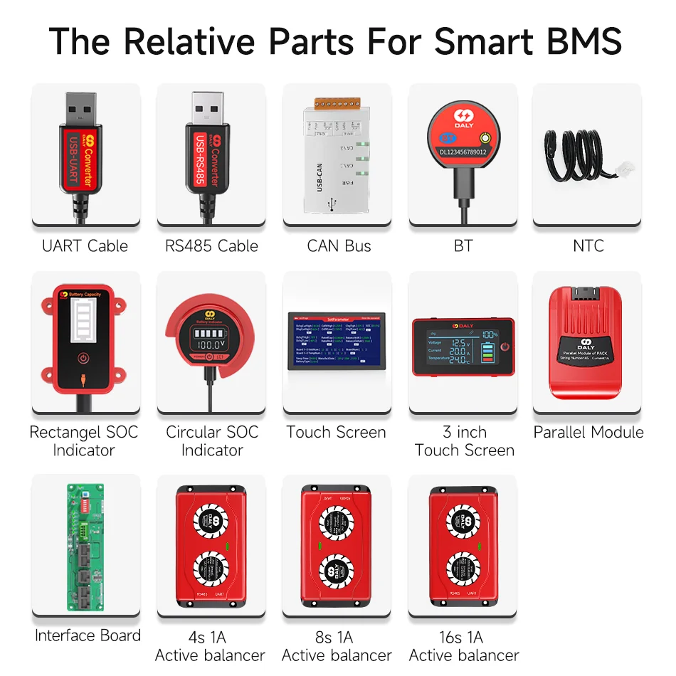 Daly-Smart BMS Acessórios, Smart Active Balancer, Touch Control Screen, Display LCD, Pode Ônibus e Light Board, 4S, 6S, 8S, 16S