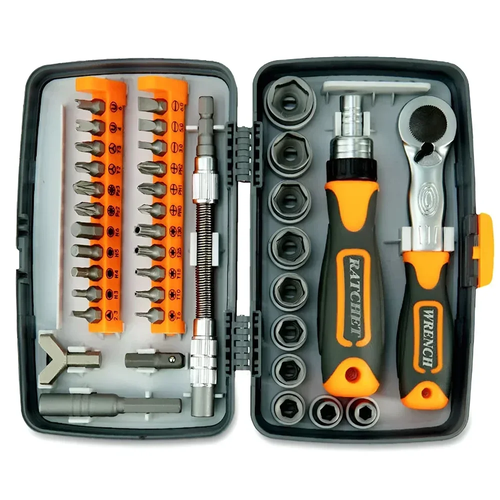2880B 38 In 1 Hardware Ratchet Socket Tool Kit Ratcheting Screwdriver Wrench Mixed Bits Auto Daily Maintenance Storage Case