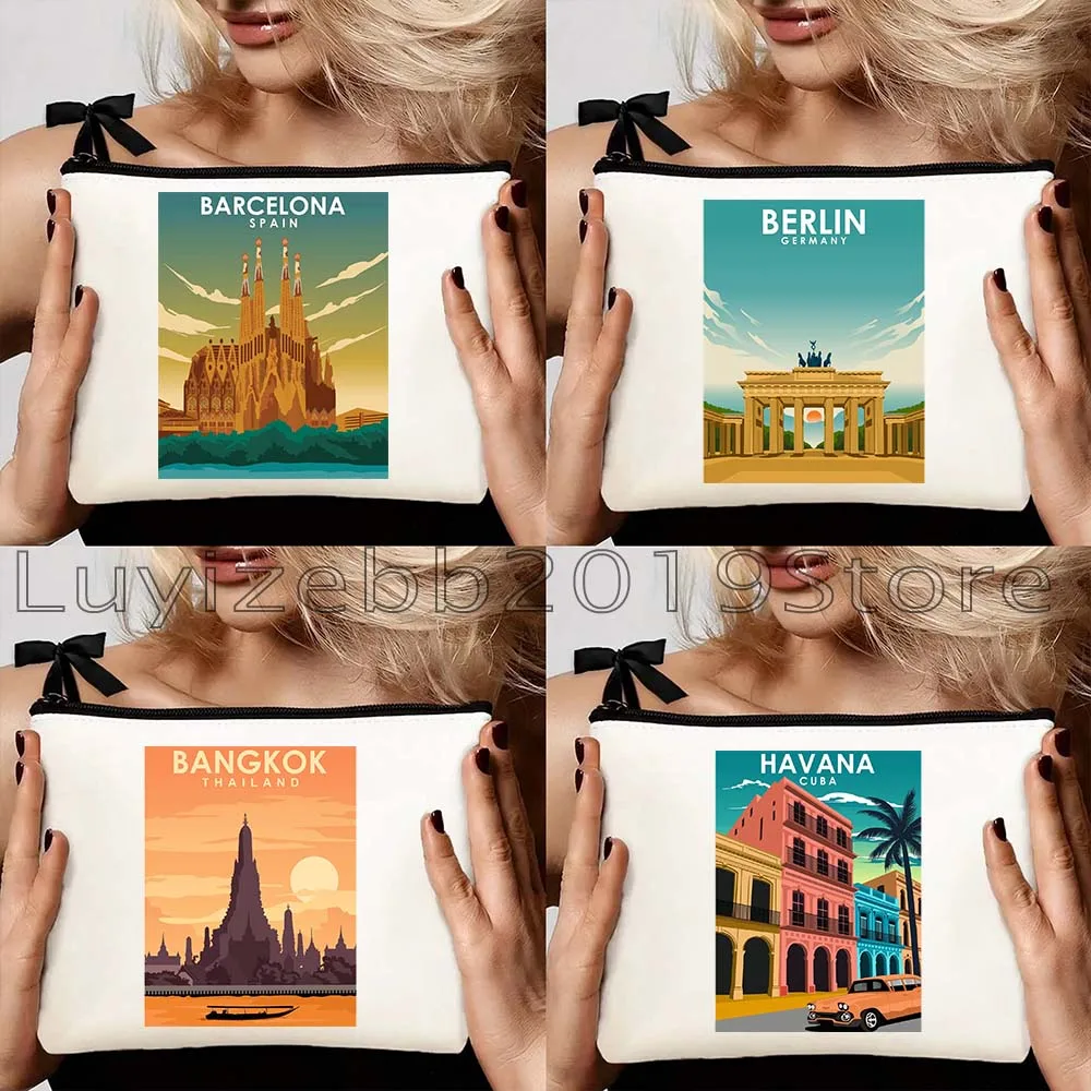 

Bangkok Thailand Barcelona Spain Berlin Boston Dublin Edinburgh Hamburg Florence Italy Cosmetic Bag Makeup Bag Pencil Case Pouch