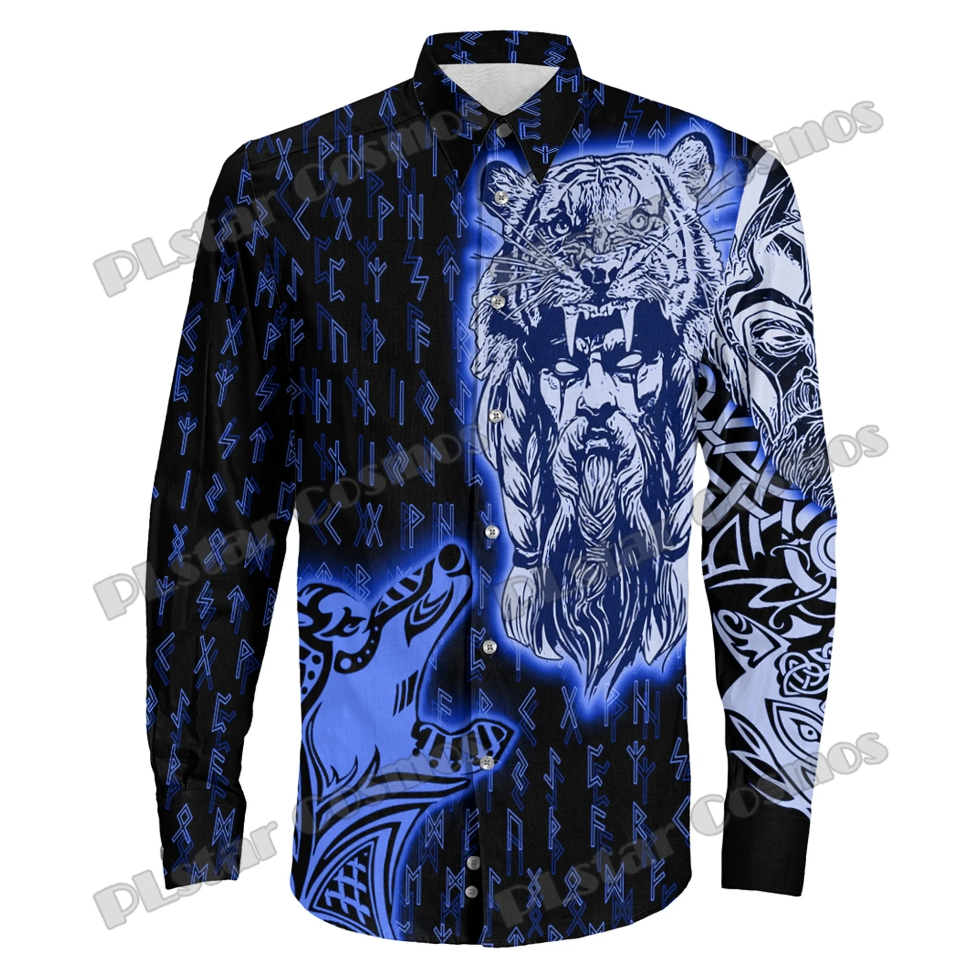 PLstar Cosmos Odin and Wolf Tattoo Blue 3D Printed Fashion Men's Long Sleeve Button Shirt Spring Mens Casual Lapel Shirt CXS48