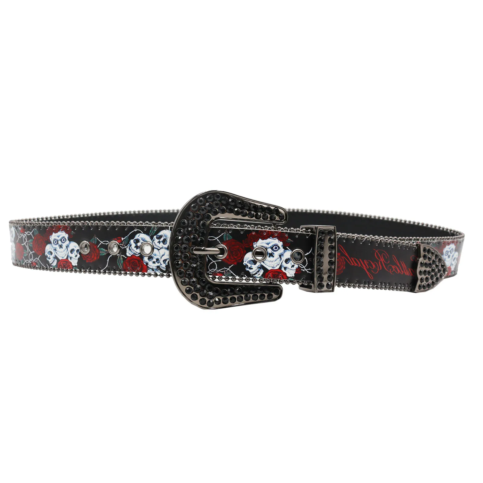 Nice Brand Three Skull Flower printing Rhinestone Belt For Men Women, Western Hip-hop Punk Style Belt For Jeans