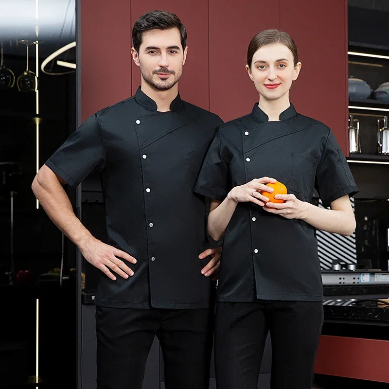 Veste de chef à manches longues pour hommes et femmes, manteau de chef noir, tablier d'été, uniforme de chef, restaurant, hôtel, vêtements de cuisine