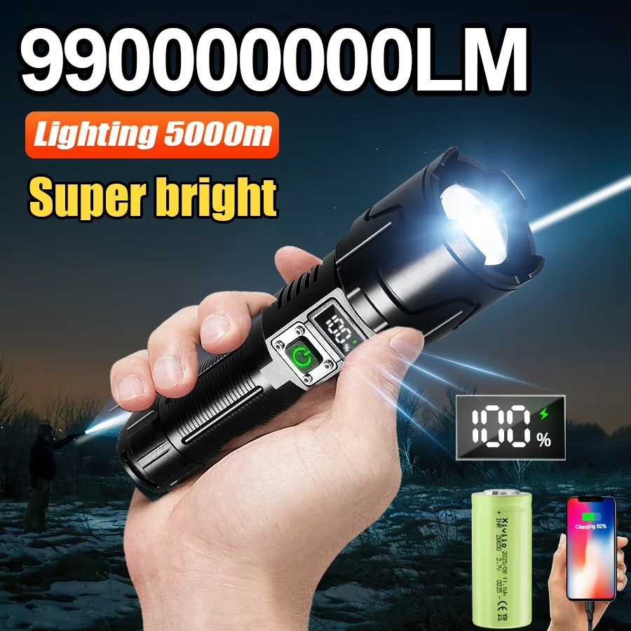 

2026 New Most Powerful LED Flashlight 990000000LM Super Bright Rechargeable Torch Light Zoom Long Range 5000M Camping Fishing