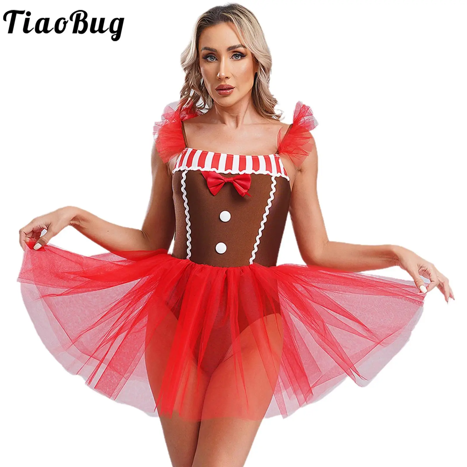 Women Christmas Costume Gingerbread Costume Flutter Sleeve Dress Bow Striped Mesh Patchwork Layered Dress Santa Bodysuit