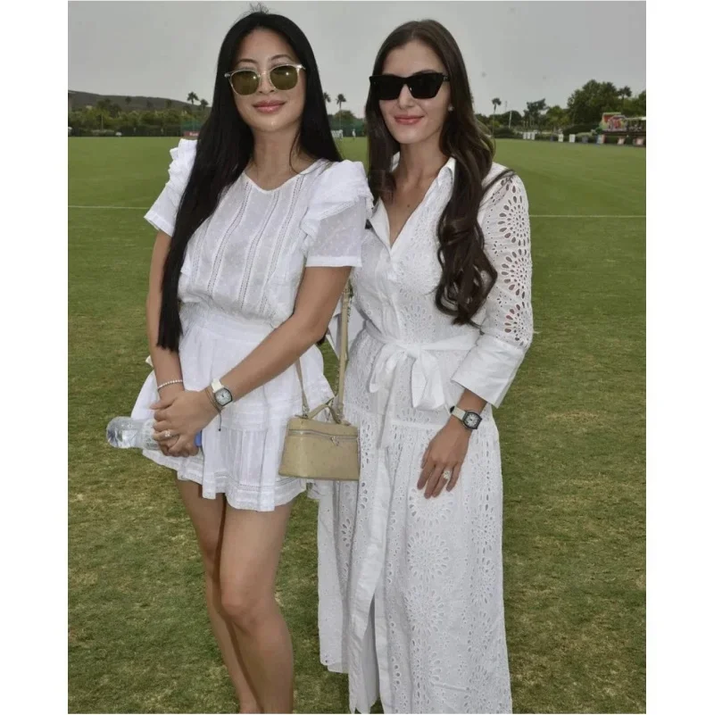 Pop Frühjahr/Sommer Neuer Damen-Rock im eleganten Urlaubsstil aus weißer Baumwolle in A-Linie mit Cut-out und besticktem Gürtel